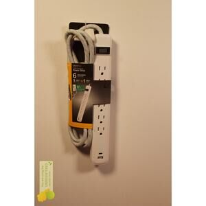 GE 6-Outlet Power Strip 1 USB-A 1 USB-C 15W 6' Braided Cord White